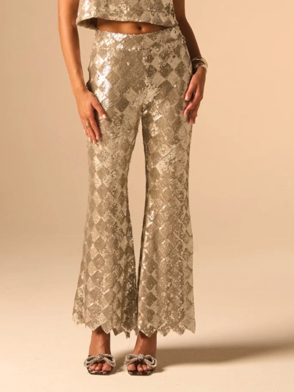 Just Bee Queen Kingston Silver Diamond Sequin Flared Pants XL Luxury Party Glam